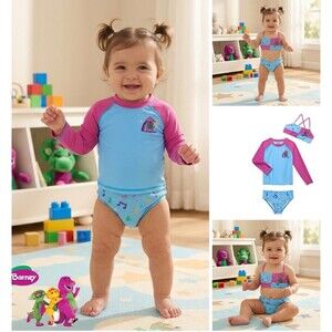 Barney  Baby Girl Size 12 Months 3-Piece Swim Set Rash Guard Bikini Top Bottom